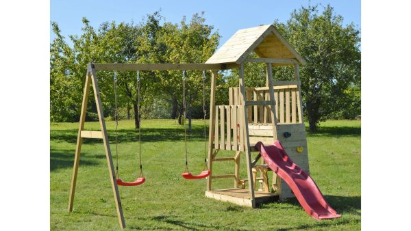 J10 Otroški stolp s toboganom, peskovnikom, piknik klopjo in dvojno gugalnico